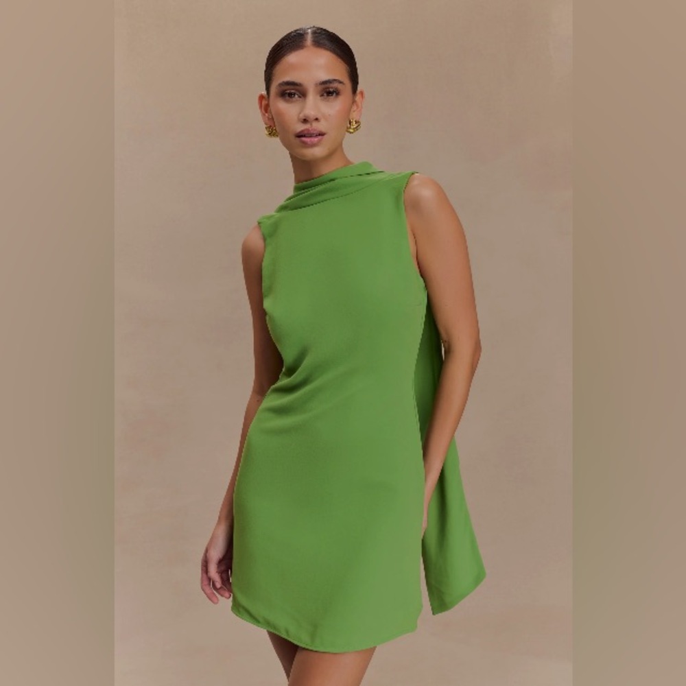 MESHKI Wynter Scarf Draped Low Back Mini Dress Green Size S